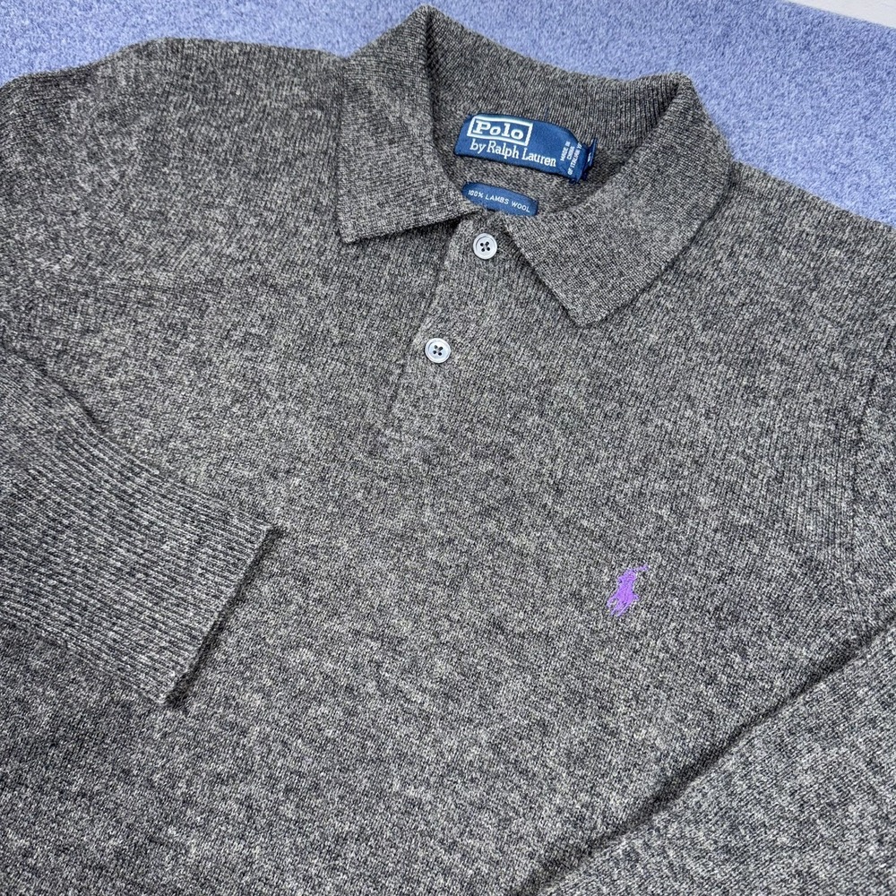 Polo Ralph Lauren Vintage 100% Lambswool Gray Collared Knit Sweater Wool Unisex